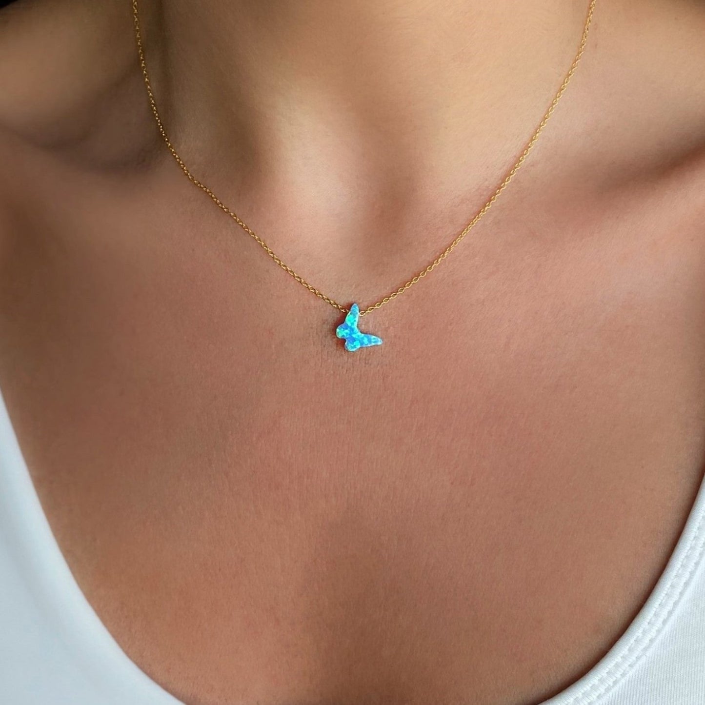 Blue Opal Butterfly with Gold Cable Chain