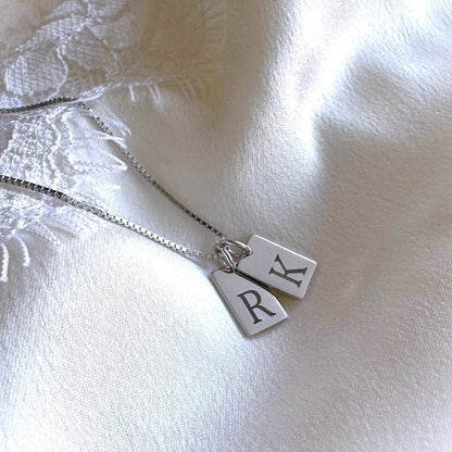 Sterling Silver Tiny Tag with Custom Initial Letter Engraved with Box Chain.