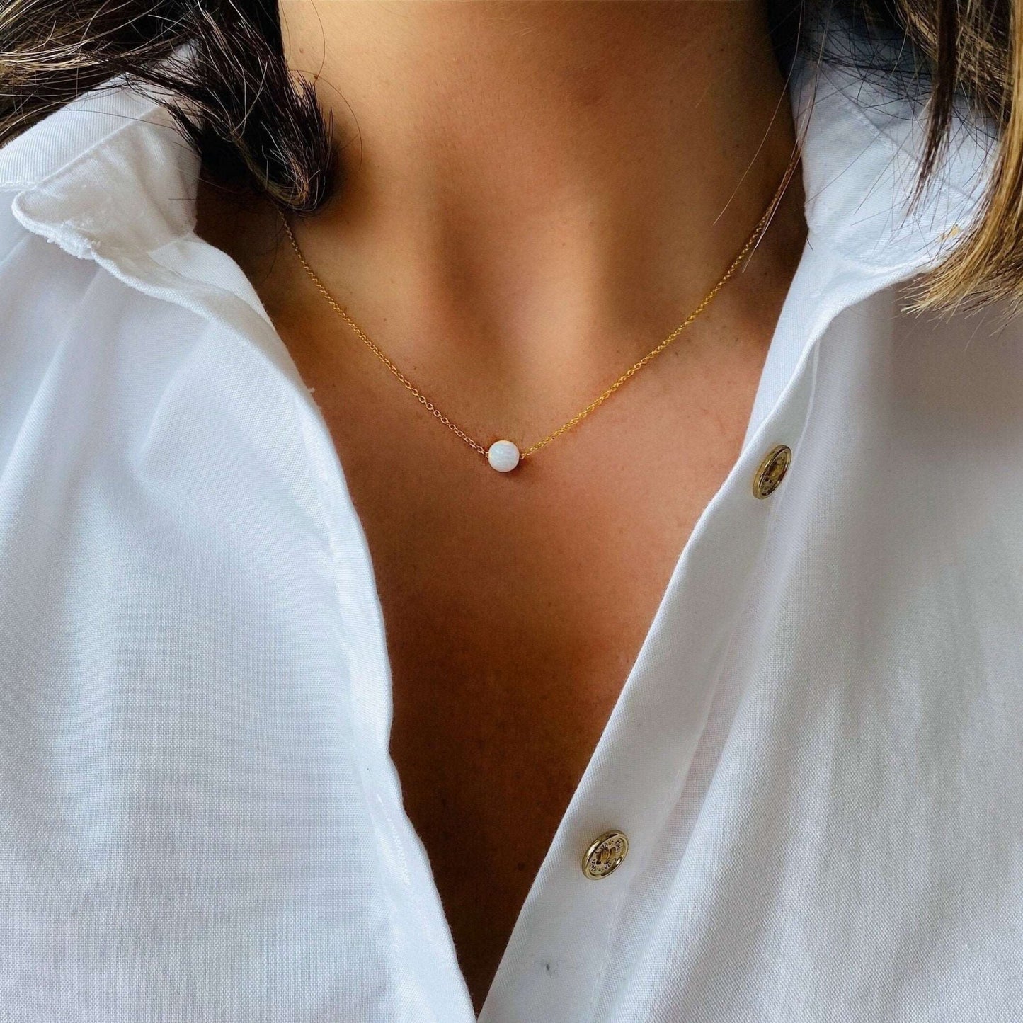 White bead ball opal necklace choker for woman girl with 925 sterling silver cable chain with gold plated in 16 inches